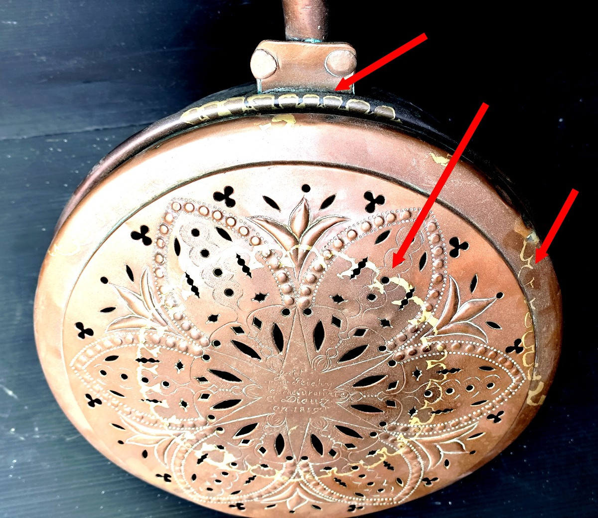 Dieuze, Moselle , Fierté d’un  artisan, 1819, bassinoire cuivre brodée de laiton, -photo-3