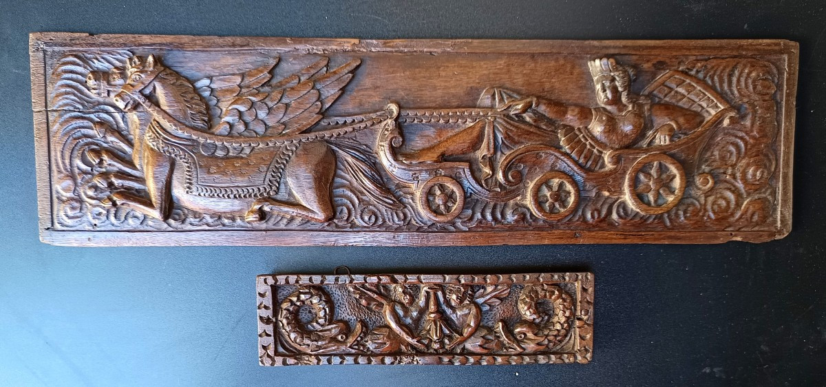 Venus And Dolphins: 2 French Beautiful Carved Panels, 17th Century-photo-2