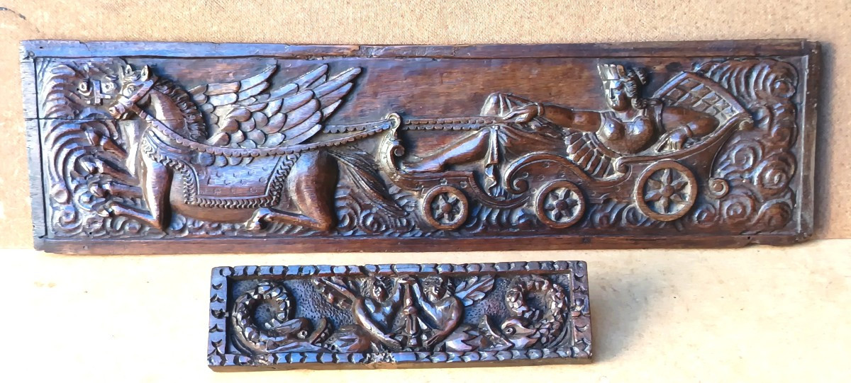 Venus And Dolphins: 2 French Beautiful Carved Panels, 17th Century