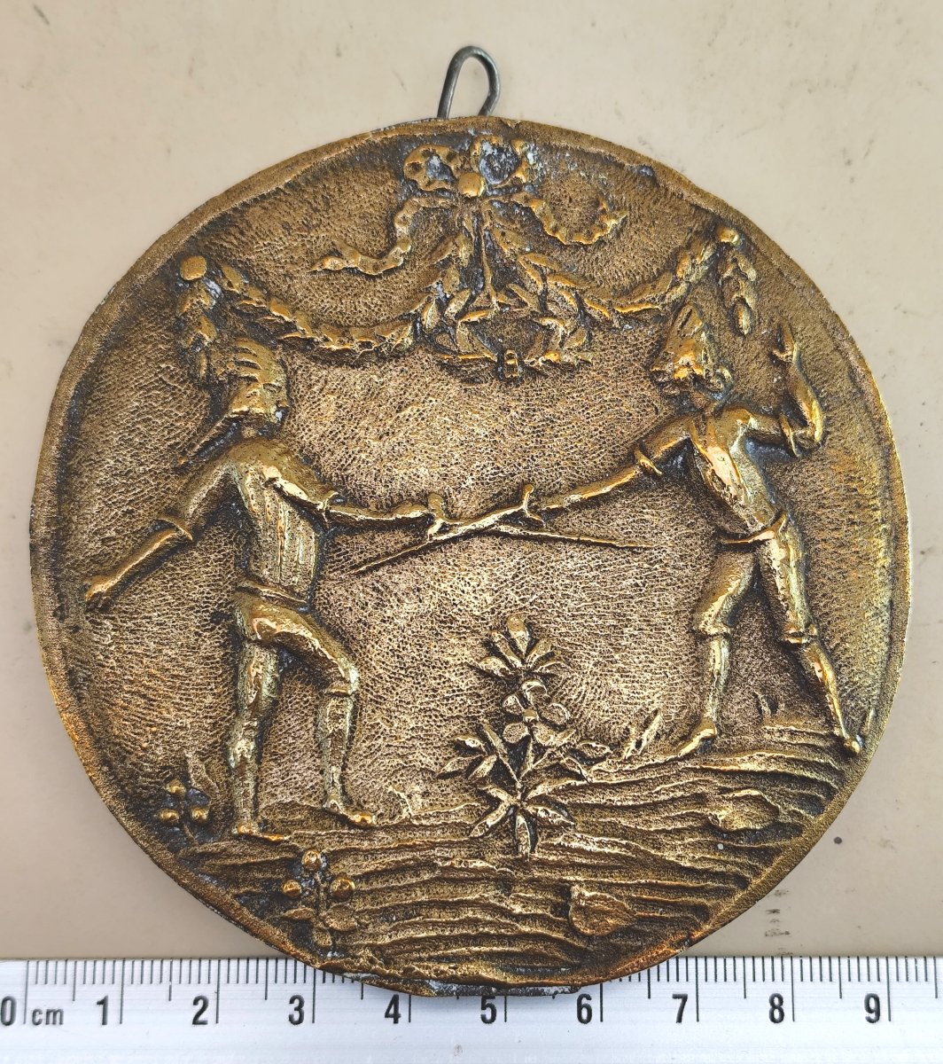 Lourde Plaquette bronze : Escrime, fin XIXe, 9cm, Ancien trophée-photo-3
