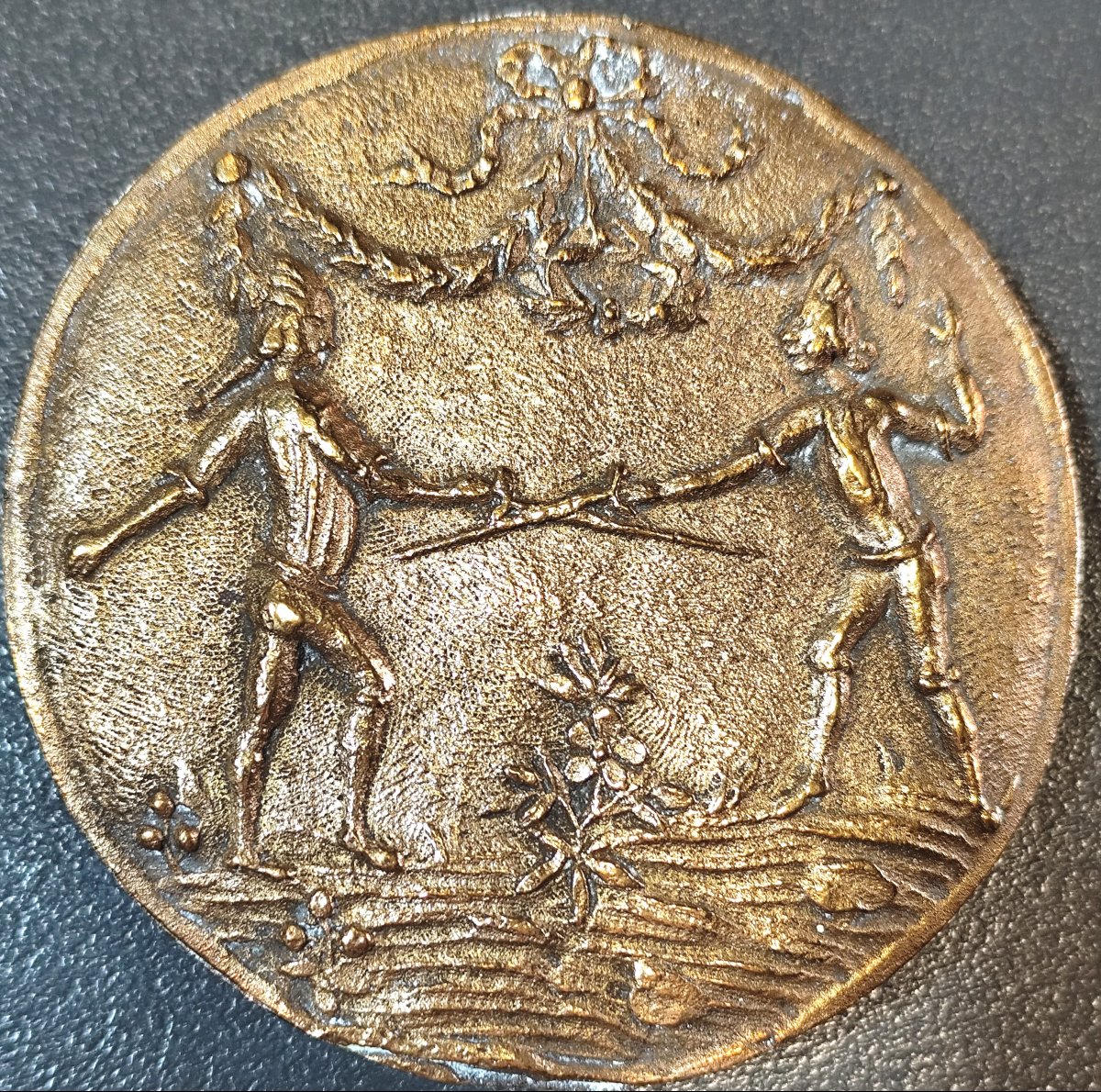 Lourde Plaquette bronze : Escrime, fin XIXe, 9cm, Ancien trophée-photo-2