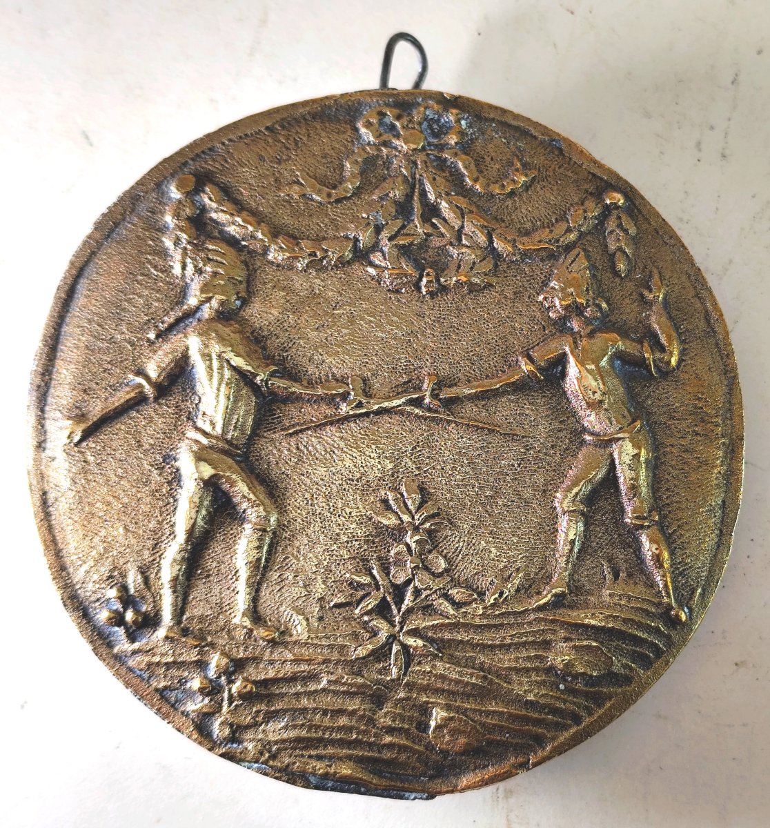 Lourde Plaquette bronze : Escrime, fin XIXe, 9cm, Ancien trophée