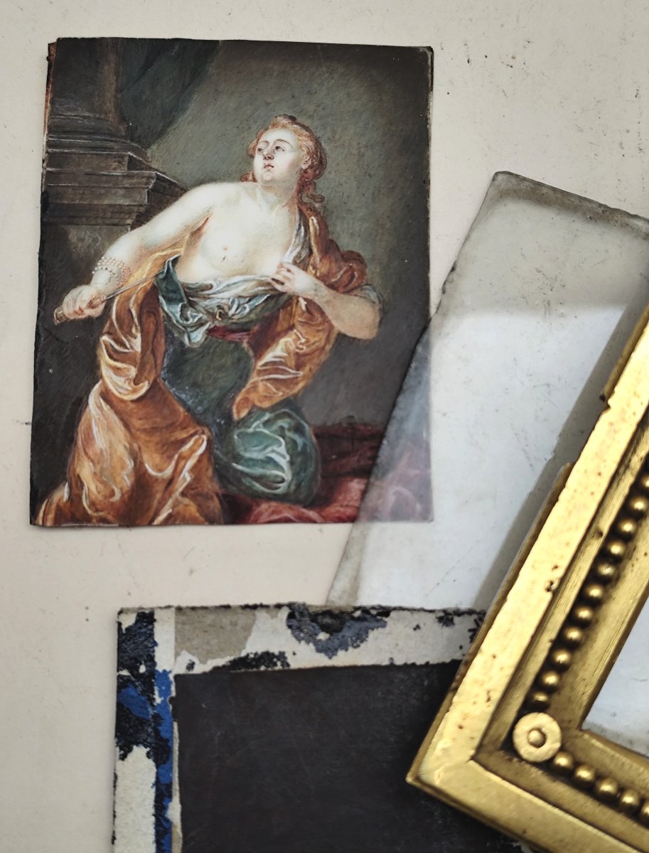 Beautiful 18th Century Miniature, Lucretia, Regency Frame Mercury Gilded-photo-3