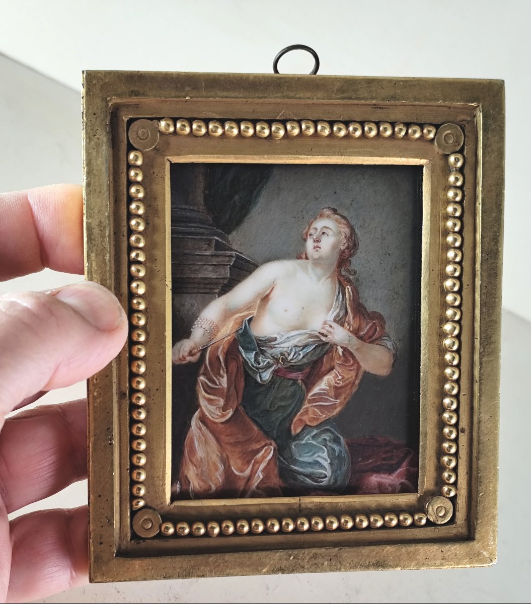 Beautiful 18th Century Miniature, Lucretia, Regency Frame Mercury Gilded-photo-4