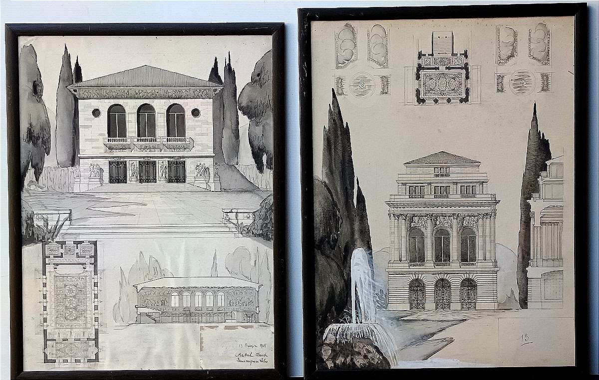 Deux dessins d’architecte (Beaux Arts), signature et références, 1928