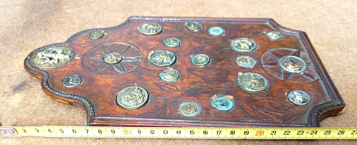 Carved And Engraved Wooden Panel, Decorated With French Hunting Buttons, 19th-century -photo-2