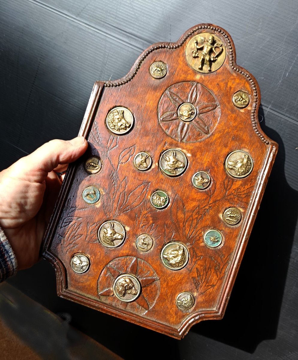 Carved And Engraved Wooden Panel, Decorated With French Hunting Buttons, 19th-century -photo-4