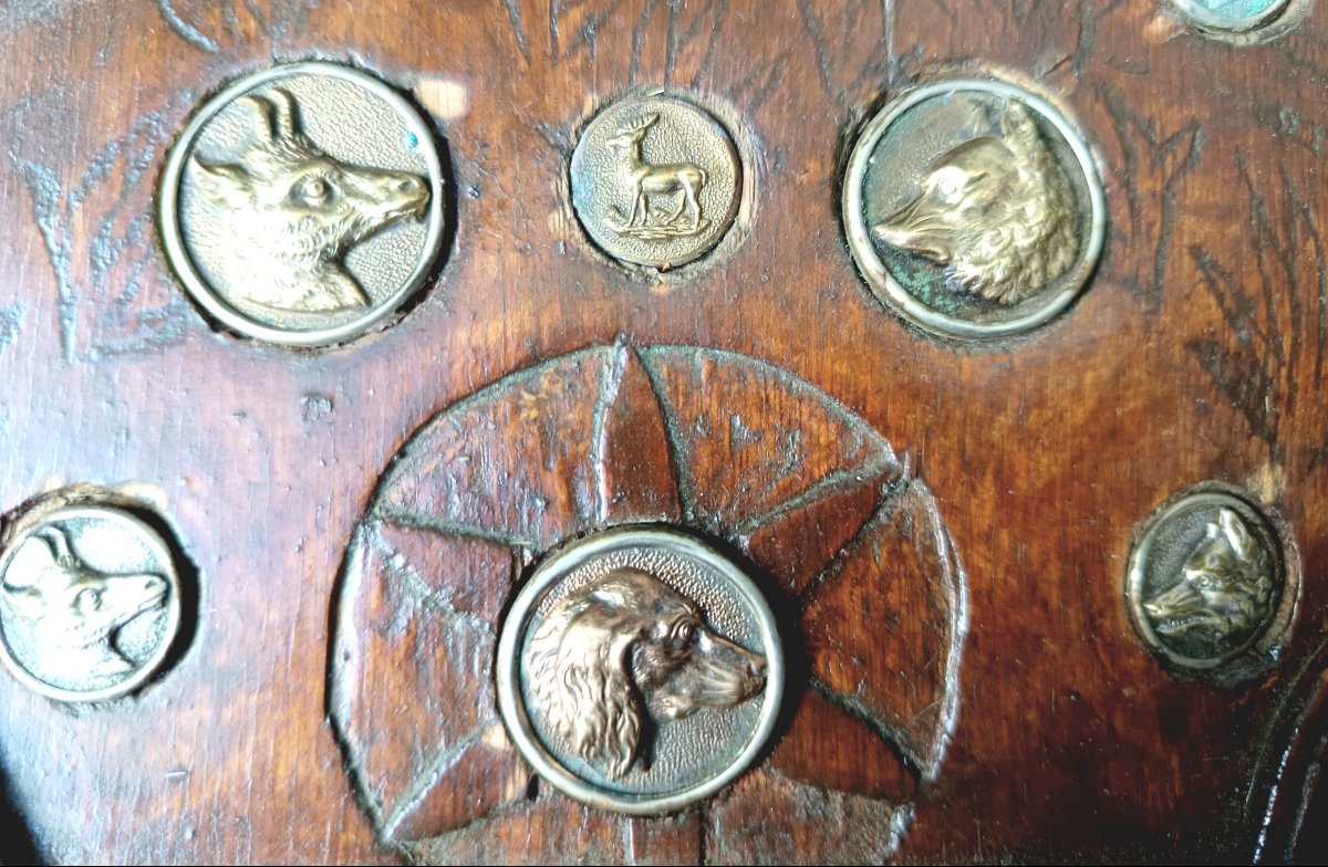 Carved And Engraved Wooden Panel, Decorated With French Hunting Buttons, 19th-century -photo-1
