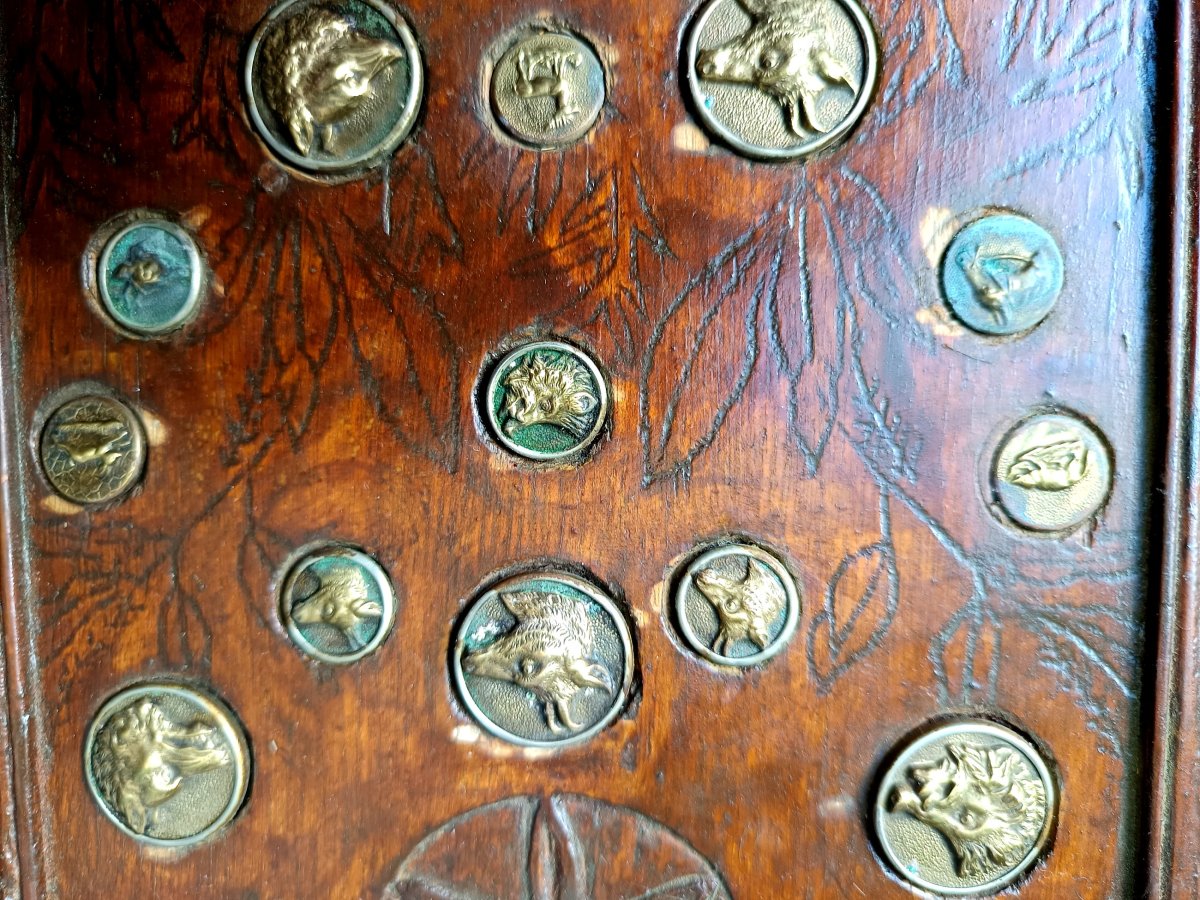 Carved And Engraved Wooden Panel, Decorated With French Hunting Buttons, 19th-century -photo-2