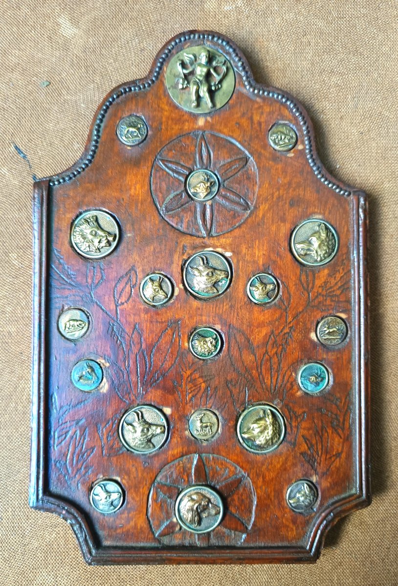 Carved And Engraved Wooden Panel, Decorated With French Hunting Buttons, 19th-century 