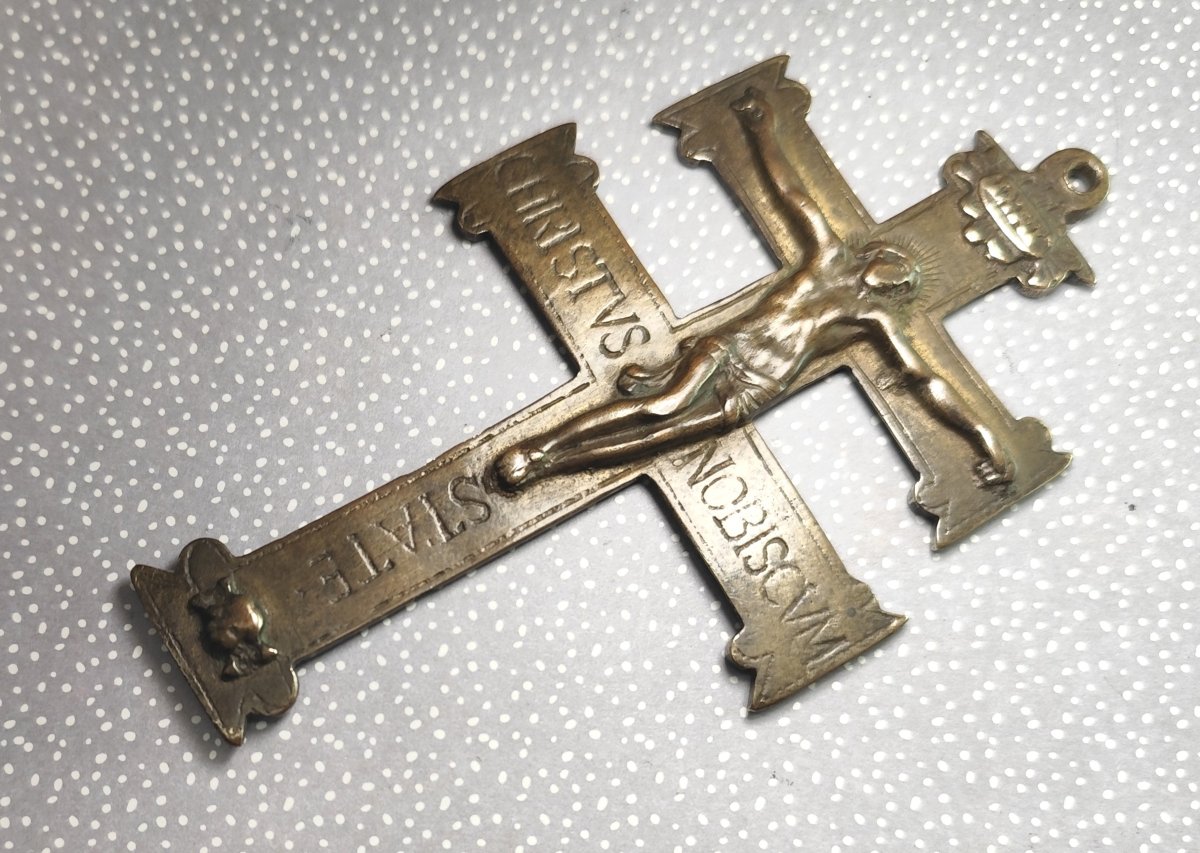 Croix de pèlerinage bronze gravé, Espagne, 18e siècle-photo-2