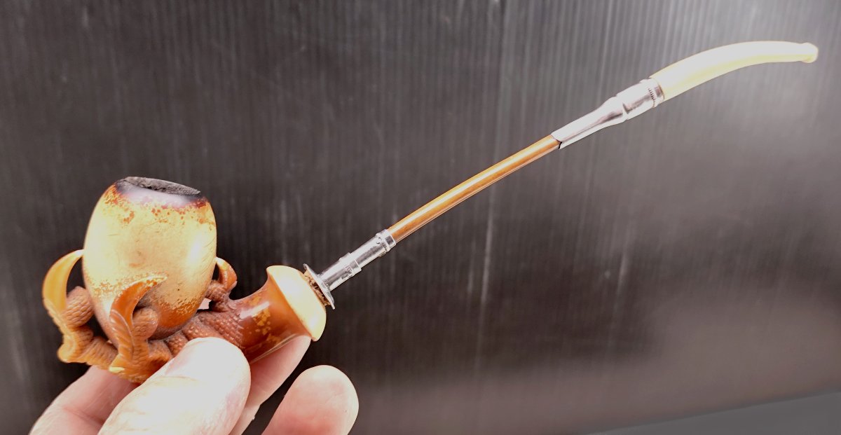 19th-century Long Pipe – “eagle’s Talons And Egg” Meerschaum Bowl With Original Case-photo-3