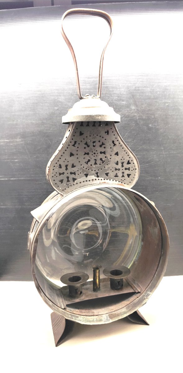 Large Candle Lantern, Lighthouse Model, With Blown Glass And Re-drilled Tin, 19th Century-photo-2