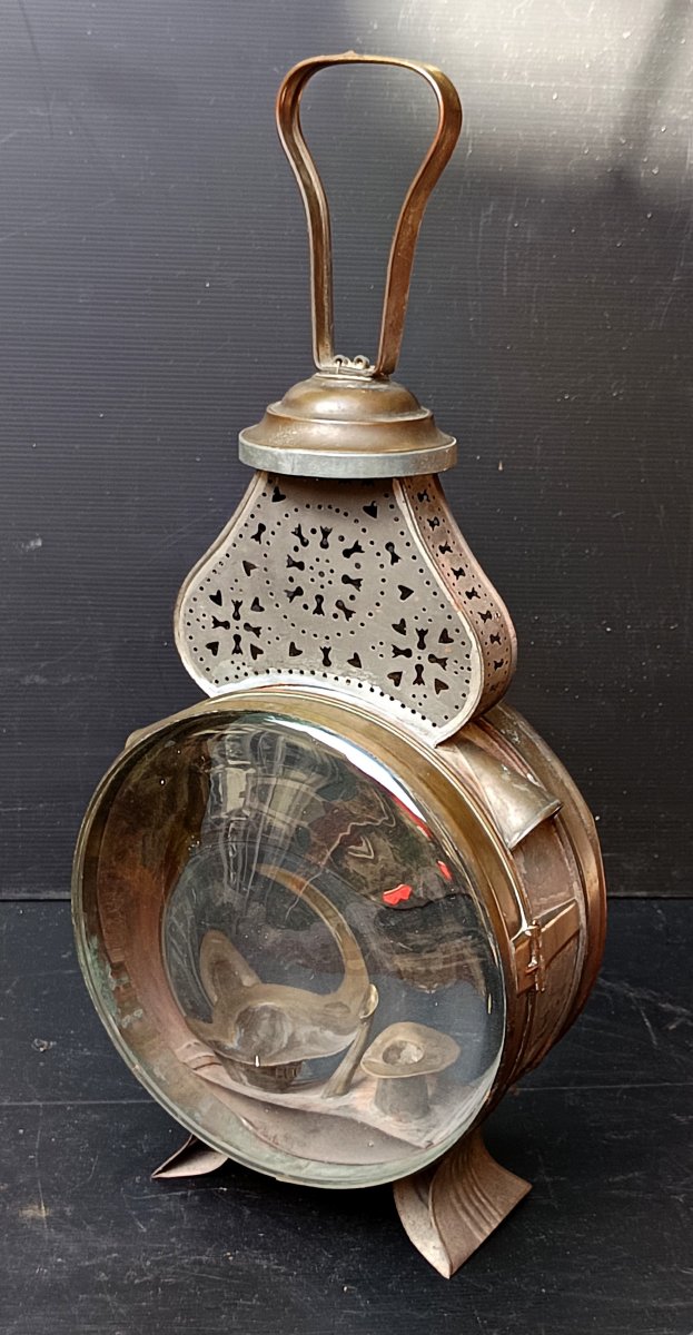 Large Candle Lantern, Lighthouse Model, With Blown Glass And Re-drilled Tin, 19th Century-photo-1