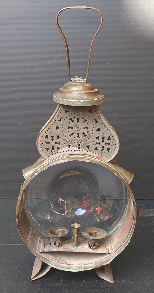 Large Candle Lantern, Lighthouse Model, With Blown Glass And Re-drilled Tin, 19th Century-photo-3