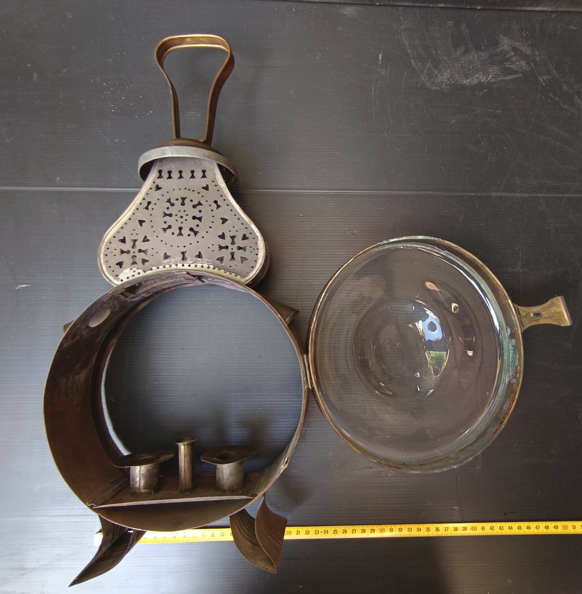 Large Candle Lantern, Lighthouse Model, With Blown Glass And Re-drilled Tin, 19th Century-photo-4