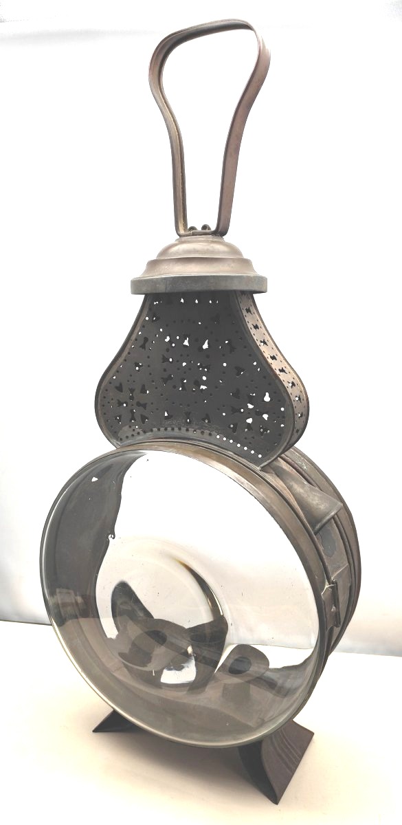 Large Candle Lantern, Lighthouse Model, With Blown Glass And Re-drilled Tin, 19th Century