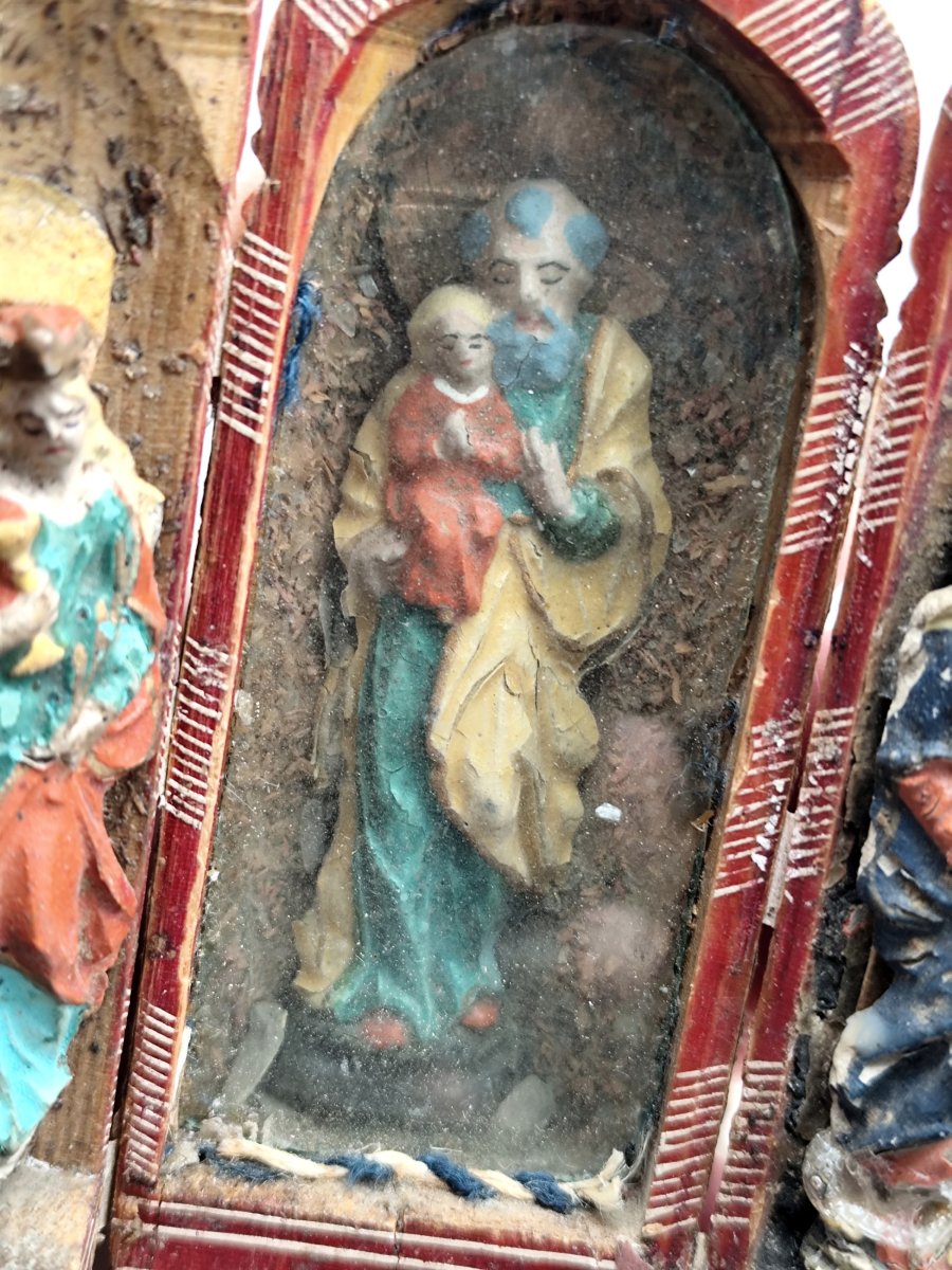 Chapelle, oratoire triptyque en bois sculpté et peint, Brésil, 19e siècle-photo-1