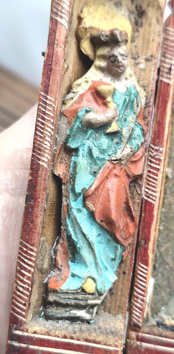 Chapelle, oratoire triptyque en bois sculpté et peint, Brésil, 19e siècle-photo-2