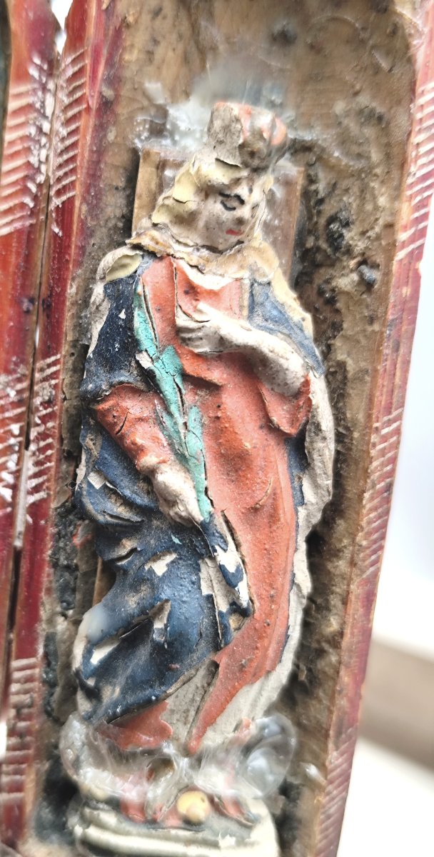 Chapelle, oratoire triptyque en bois sculpté et peint, Brésil, 19e siècle-photo-3