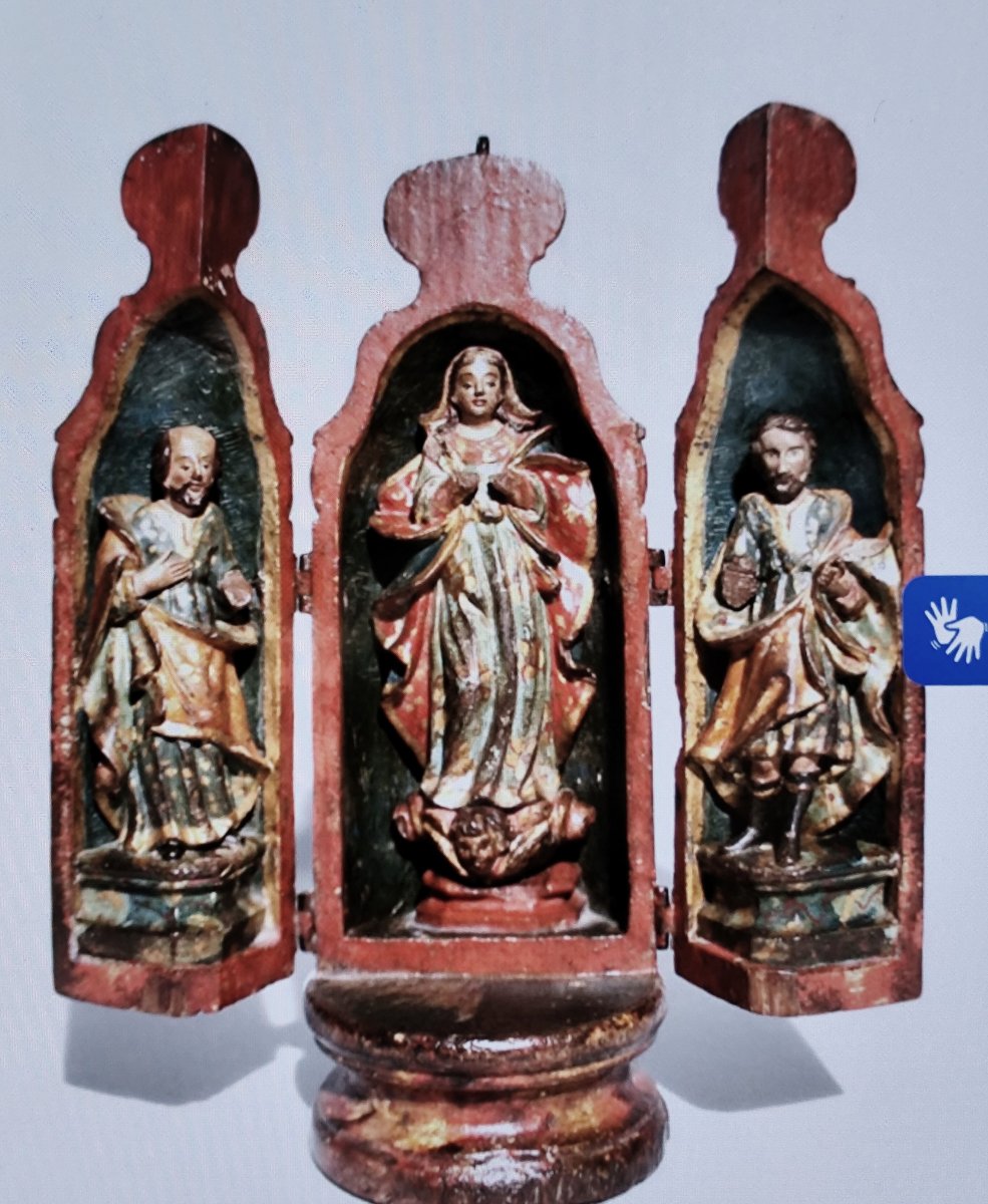 Chapelle, oratoire triptyque en bois sculpté et peint, Brésil, 19e siècle-photo-6