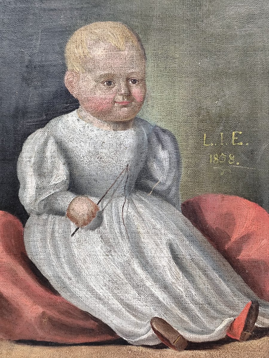Portrait d’un bébé de 185 ans, jolie peinture naïve sur sa toile d’origine-photo-3