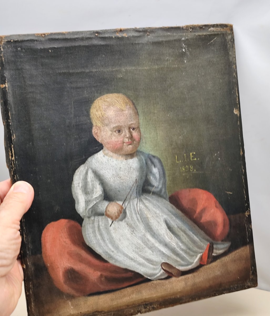 Portrait d’un bébé de 185 ans, jolie peinture naïve sur sa toile d’origine-photo-1