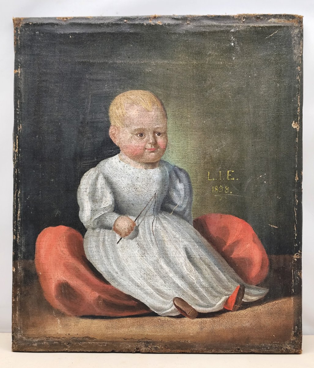 Portrait d’un bébé de 185 ans, jolie peinture naïve sur sa toile d’origine