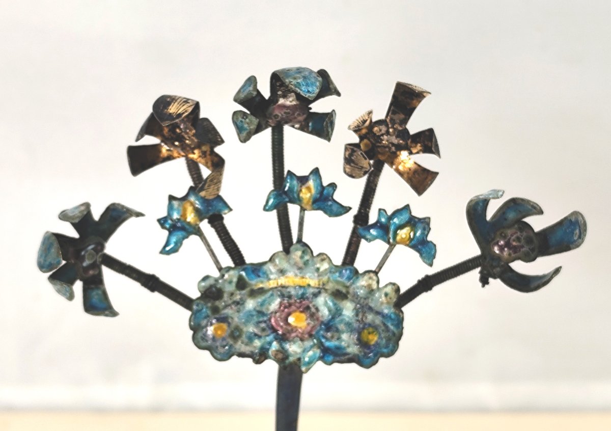 China, Beautiful Hairpin, Enameled Silver, Circa 1900, Hallmarks-photo-2