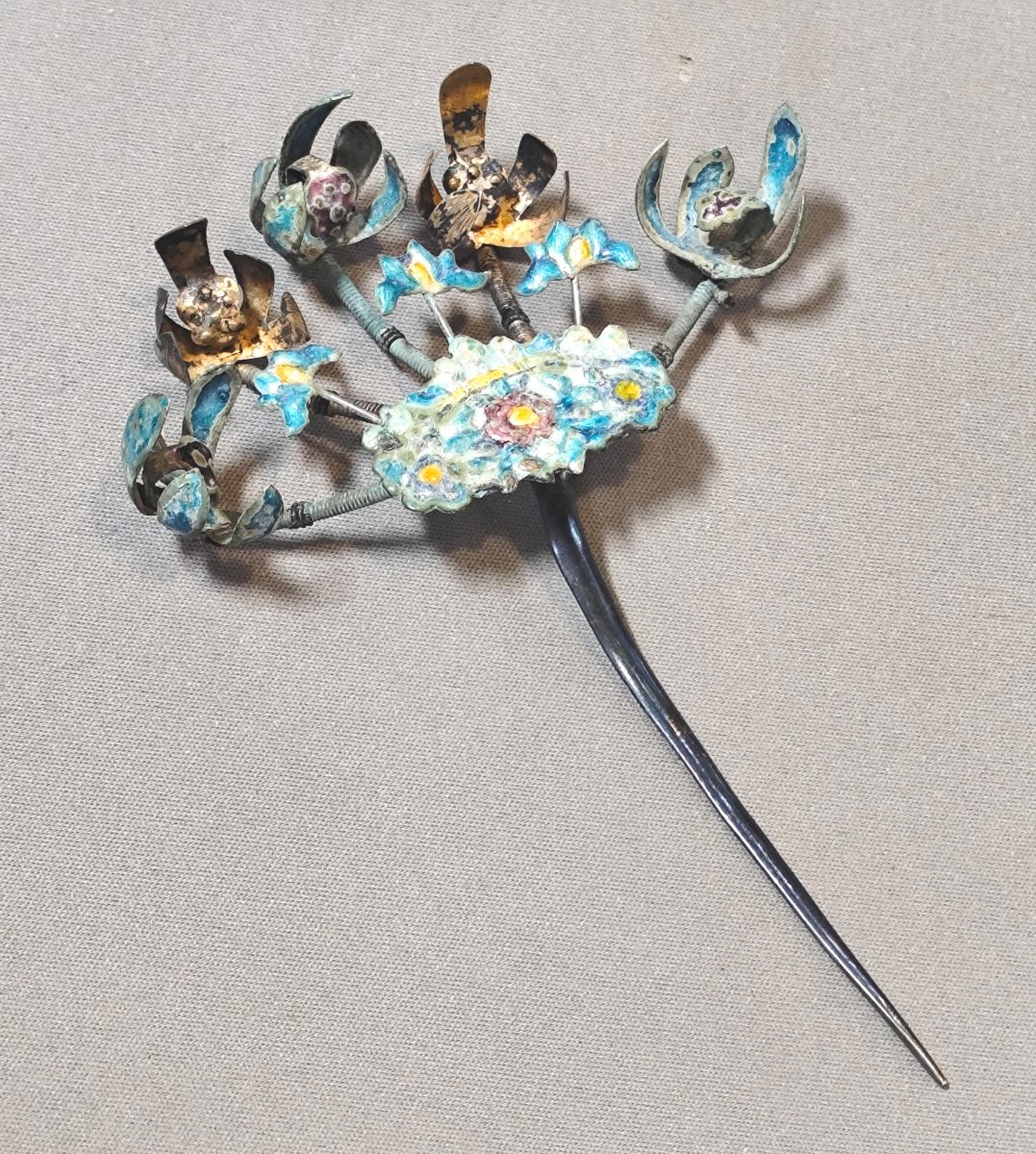 China, Beautiful Hairpin, Enameled Silver, Circa 1900, Hallmarks-photo-3