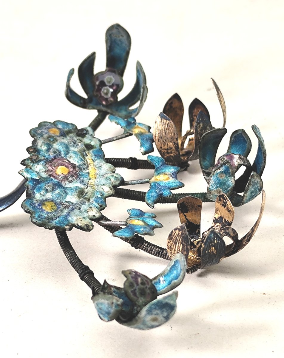 China, Beautiful Hairpin, Enameled Silver, Circa 1900, Hallmarks-photo-1