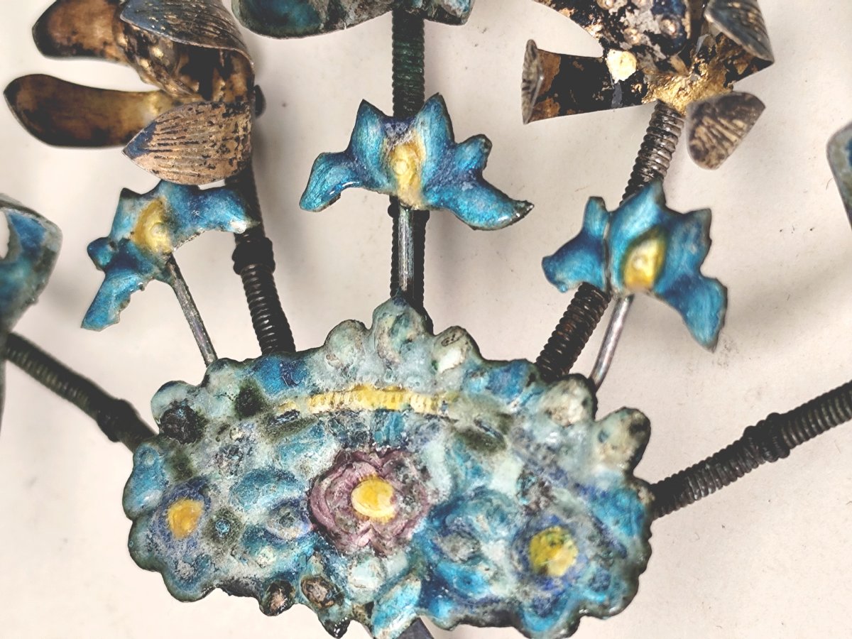 China, Beautiful Hairpin, Enameled Silver, Circa 1900, Hallmarks-photo-2