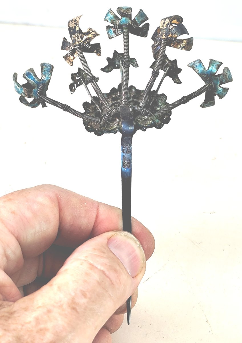 China, Beautiful Hairpin, Enameled Silver, Circa 1900, Hallmarks-photo-4