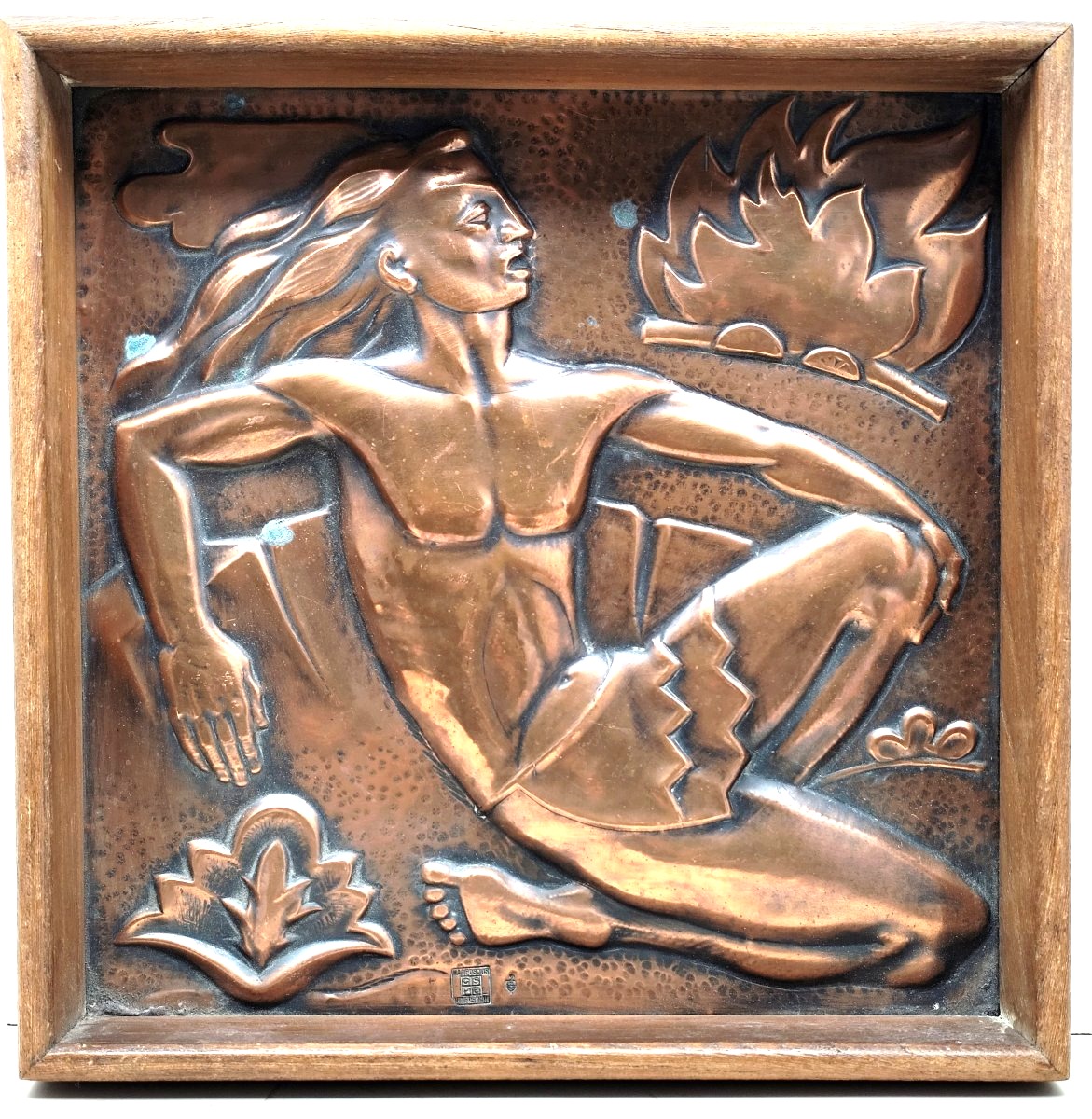 Plaque Art Déco Maredsous CSPB cuivre repoussé – l’Homme et le feu,