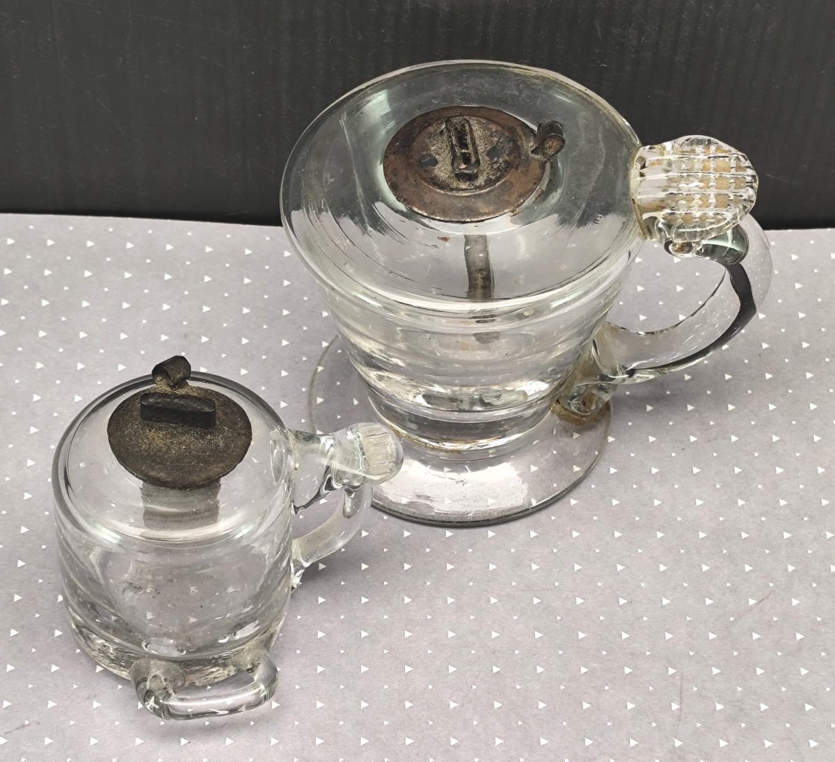 Deux Lampeta provençales, mini lampes à huile en verre soufflé,18-19e-photo-2