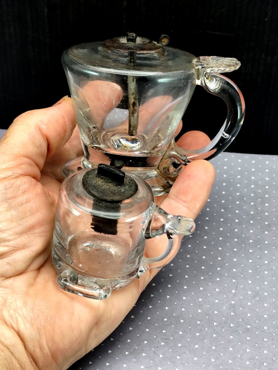 Deux Lampeta provençales, mini lampes à huile en verre soufflé,18-19e-photo-3