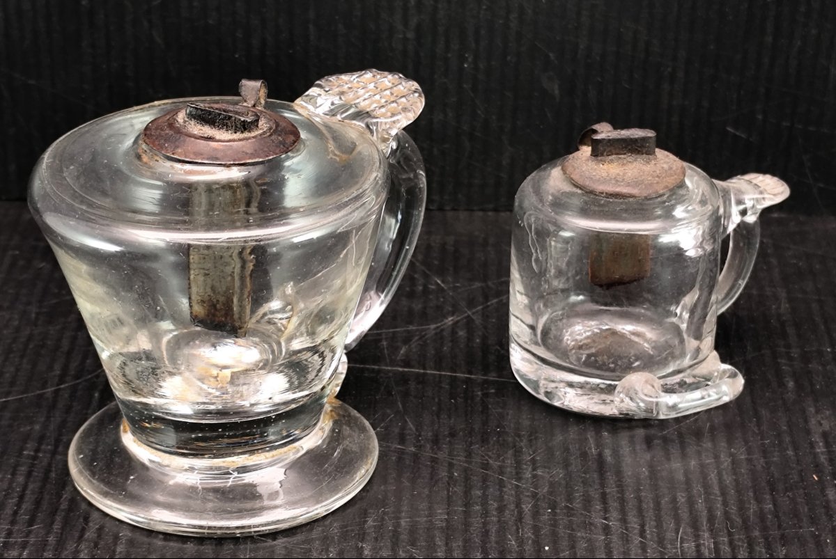 Deux Lampeta provençales, mini lampes à huile en verre soufflé,18-19e
