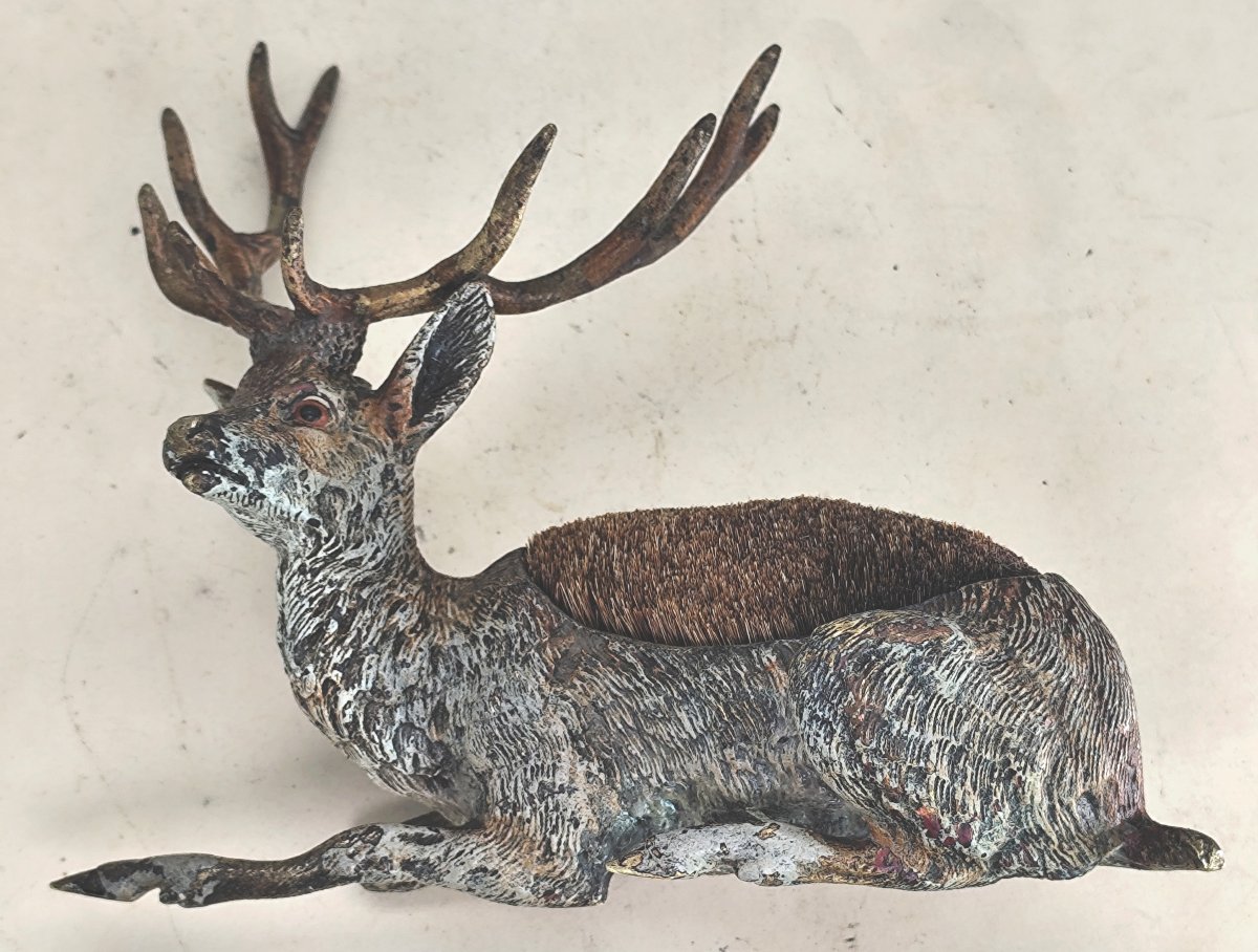 Ten-point Stag,  Feather Cleaner, Vienna Bronze Painted  Natural Colors, 19th Century, -photo-2