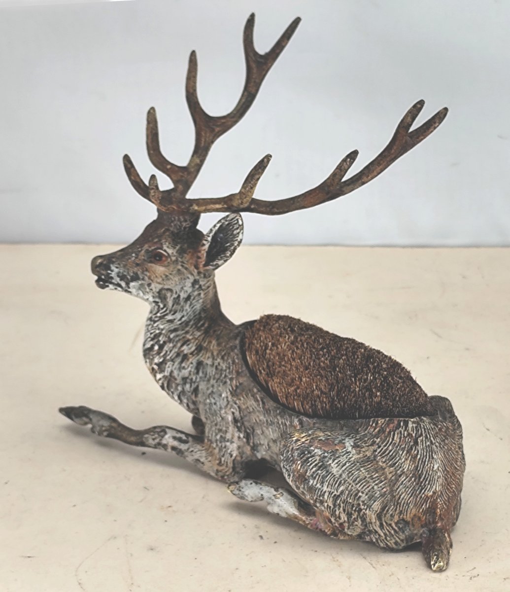 Ten-point Stag,  Feather Cleaner, Vienna Bronze Painted  Natural Colors, 19th Century, -photo-3