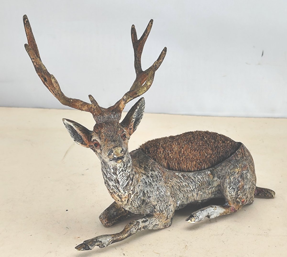 Ten-point Stag,  Feather Cleaner, Vienna Bronze Painted  Natural Colors, 19th Century, 