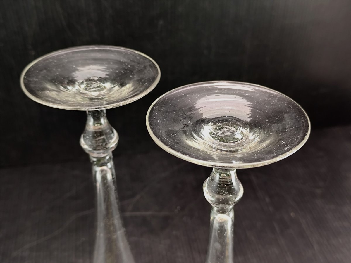 Pair Of Large Blown And Engraved Glass Flutes, 18th Century. A Rare Design.-photo-2