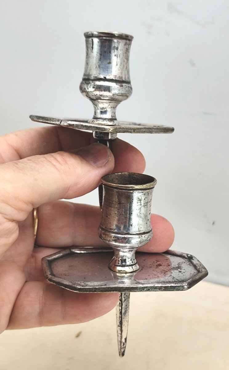 Pair Of Silver-plated Tric Trac Candlesticks, Jaquet, 18th-century France-photo-2