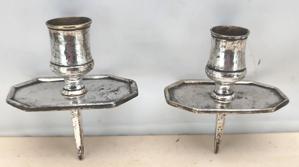 Pair Of Silver-plated Tric Trac Candlesticks, Jaquet, 18th-century France-photo-4