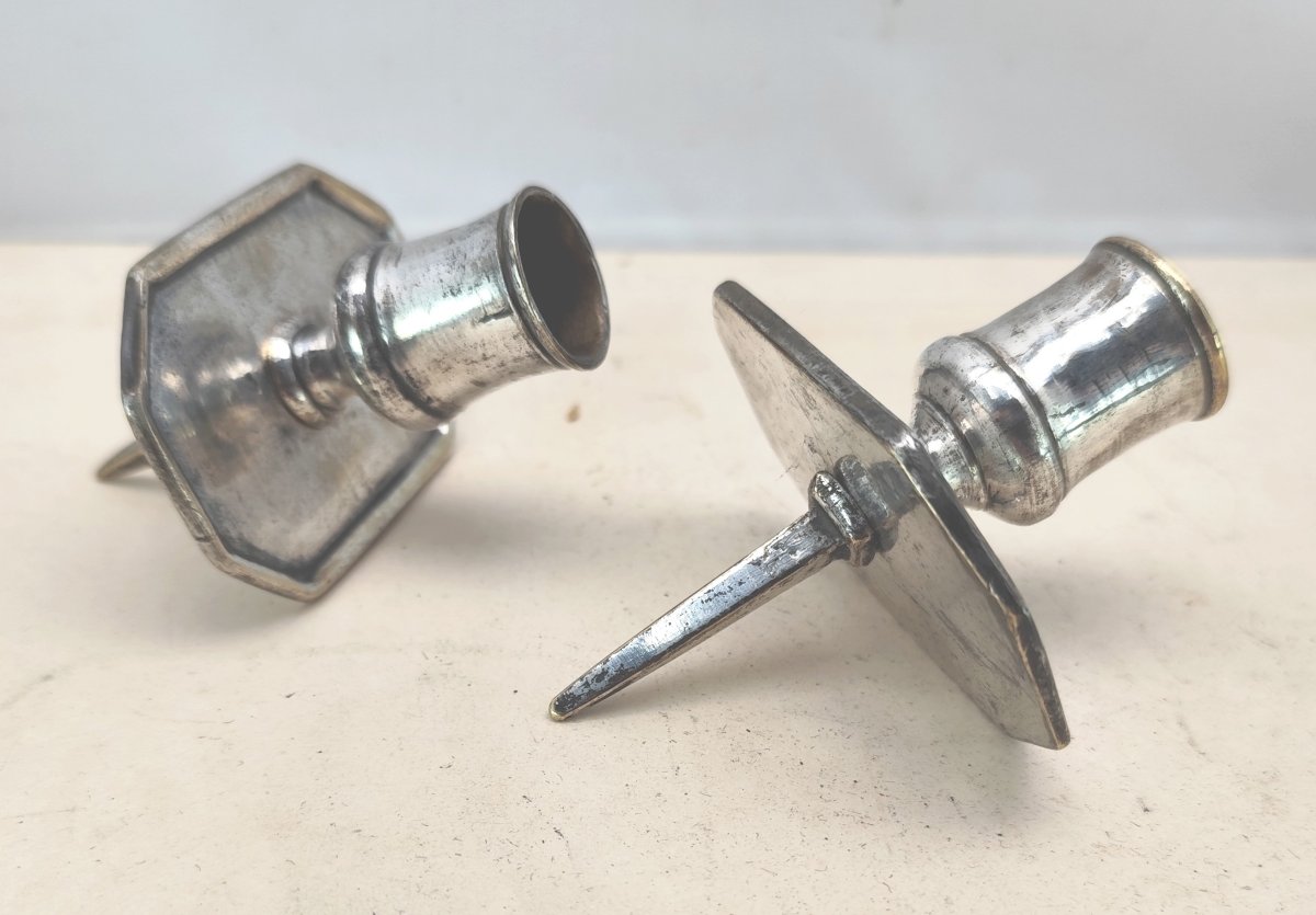 Pair Of Silver-plated Tric Trac Candlesticks, Jaquet, 18th-century France-photo-2