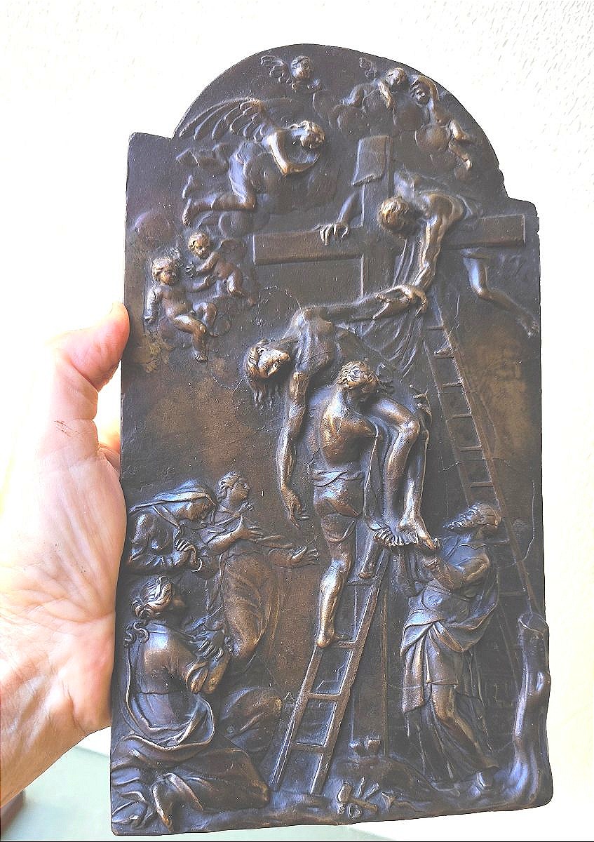 Descent From Cross, Bronze Plaque With Beautiful Relief, 18th Or 19th Century, 29 Cm-photo-2