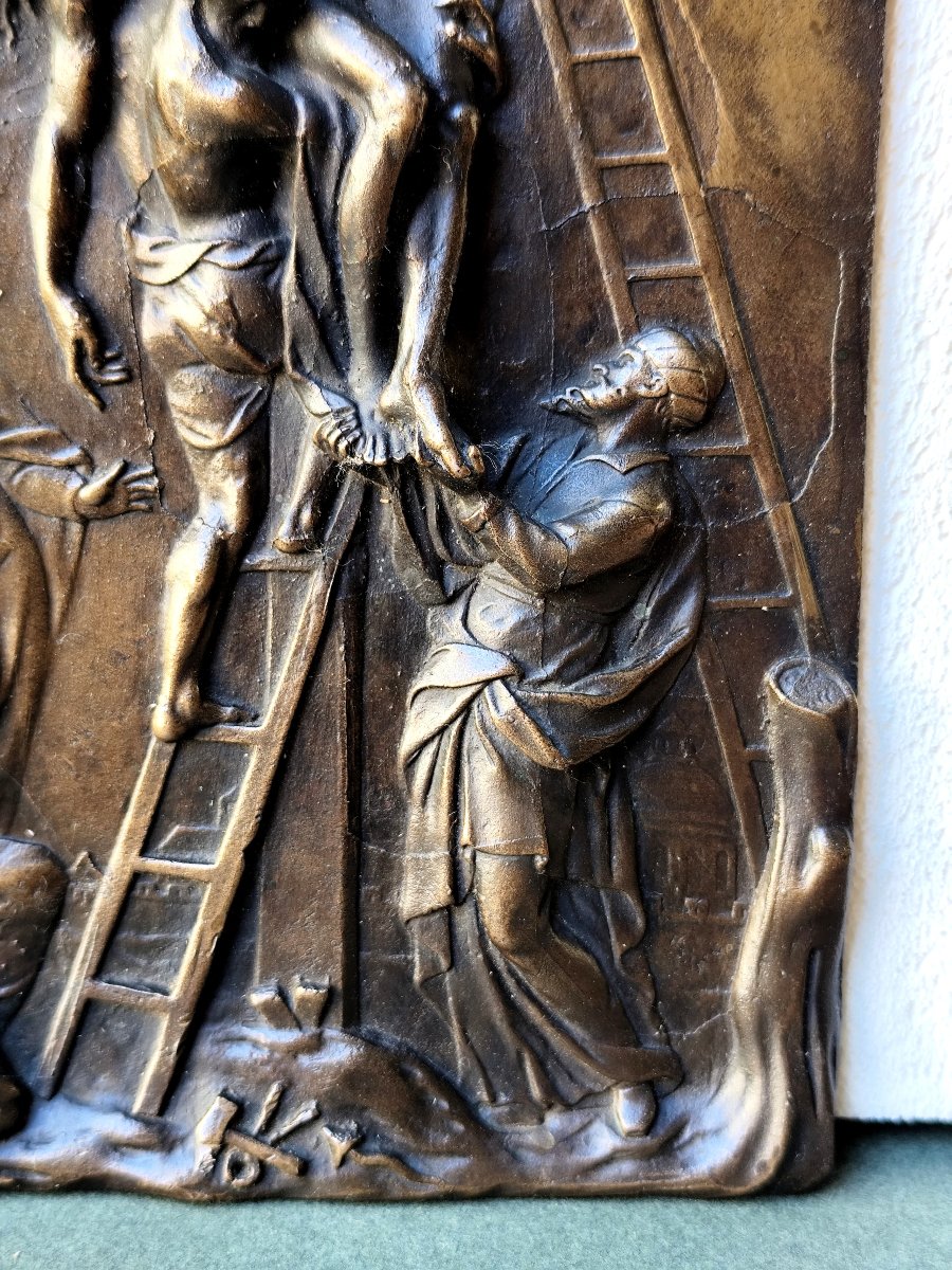 Descent From Cross, Bronze Plaque With Beautiful Relief, 18th Or 19th Century, 29 Cm-photo-1