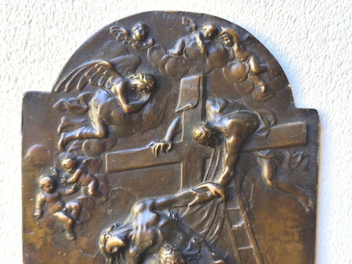 Descent From Cross, Bronze Plaque With Beautiful Relief, 18th Or 19th Century, 29 Cm-photo-2