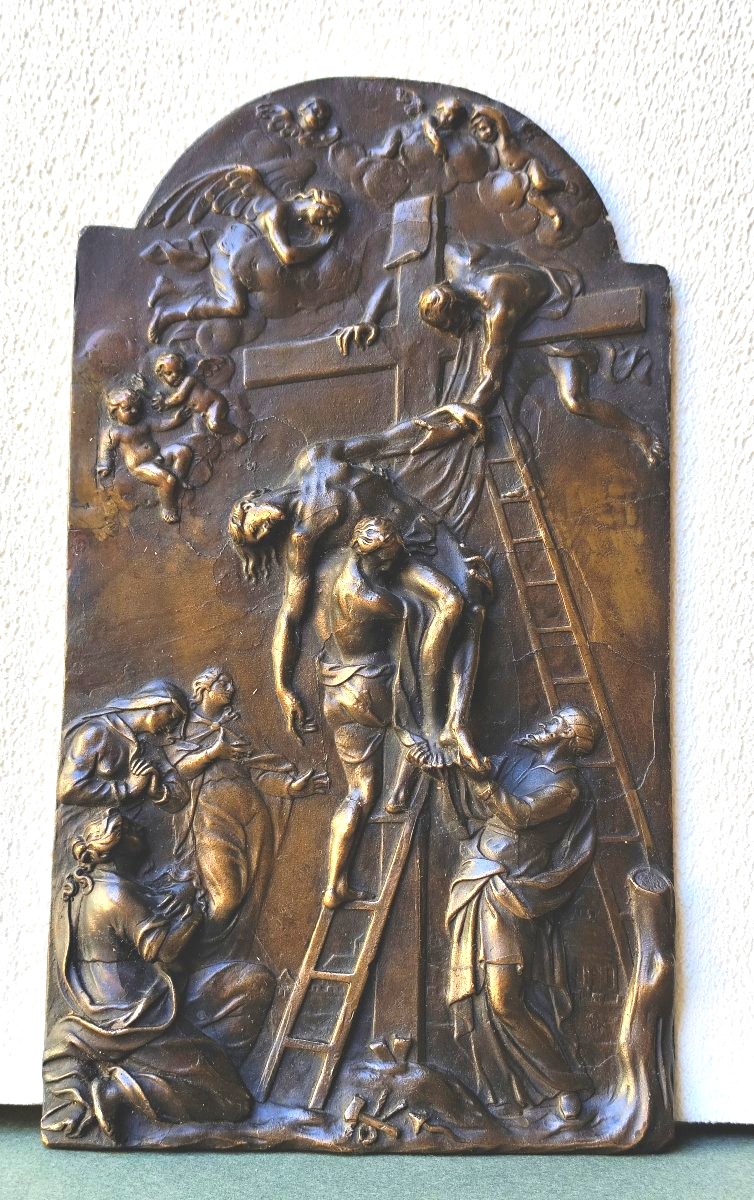 Descent From Cross, Bronze Plaque With Beautiful Relief, 18th Or 19th Century, 29 Cm-photo-4
