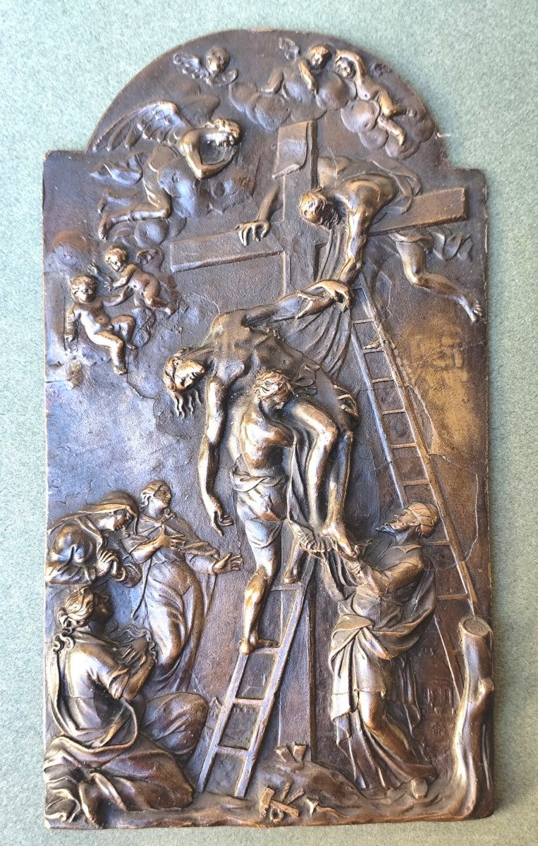 Descent From Cross, Bronze Plaque With Beautiful Relief, 18th Or 19th Century, 29 Cm