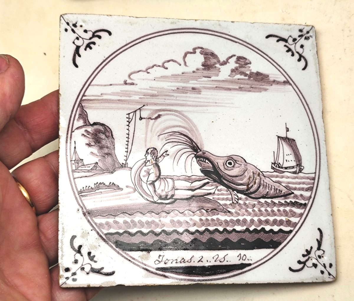 A Gem Among Delft Tiles! Jonah And The Whale, 18th-century Biblical Series-photo-2